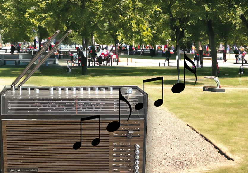 Ein altes Radiogerät vor einer Parklandschaft; eine Reihe Musik-Noten im Vordergrund