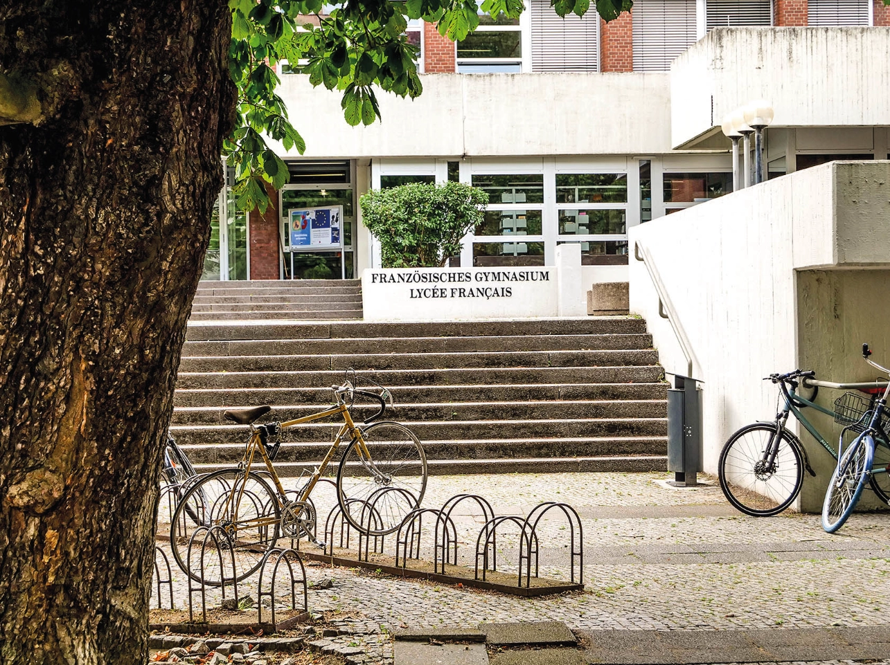 Blick vom Schulhof auf den Eingang eines Schulgebäudes; davor eine breite Treppe und Fahrradständer.