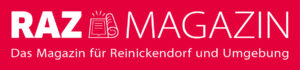 Das Logo des RAZ Magazins - Das Magazin für Reinickendorf und Umgebung (weiße Schrift auf rotem Grund)