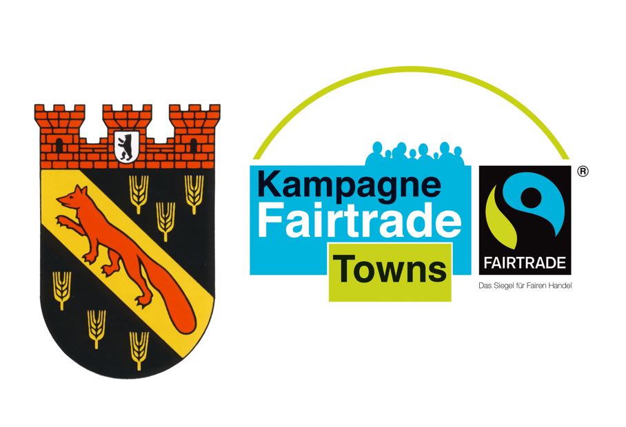 Das Reinickendorfer Bezirkswappen neben dem Kampagnenlogo der Fairtrade Towns, das das Fairtrade-Siegel inkludiert