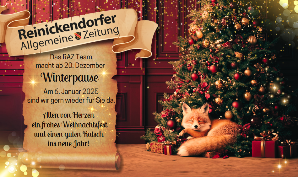 Eine Grafik: Rechts ein reich geschmückter Weihnachtsbaum, zu dessen Füßen ein Fuchs mit geschlossenen Augen liegt, links eine ausgerollte Schriftrolle, auf der Weihnachtsgrüße der Reinickendorfer Allgmeinen Zeitung stehen und Infos zur Winterpause stehen.