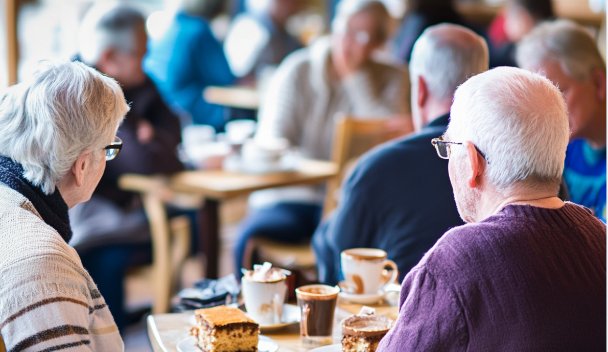 Eine belebte Café-Atmosphäre mit vielen Menschen an Tischen, auf letzteren Kuchen und Kaffeetassen.