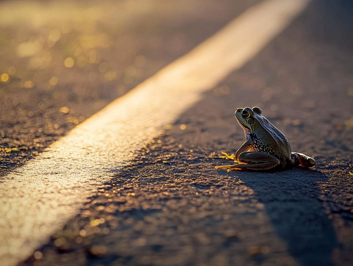 Ein kleiner Frosch sitzt am Straßenrand, vor ihm eine durchgezogene Linie und schaut Richtung Straße.