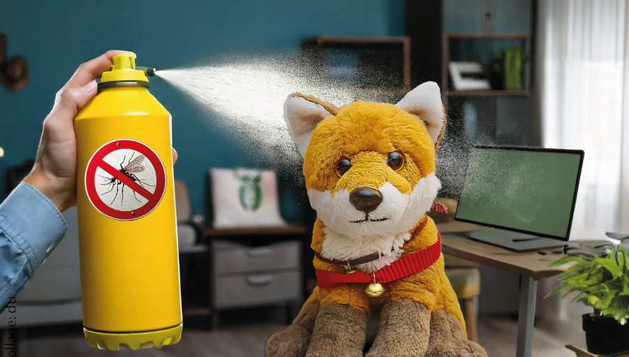 Ein Stofftierfuchs und eine Spraydose