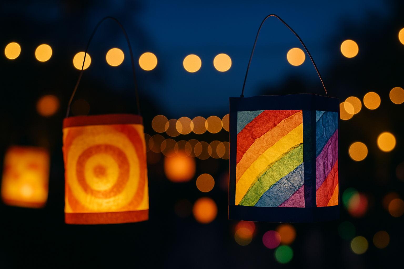 Bunte Laternen vor dunklem Hintergrund mit weiteren Lichtpunkten. Das Bild wurde mit KI (Chat GPT) erstellt.