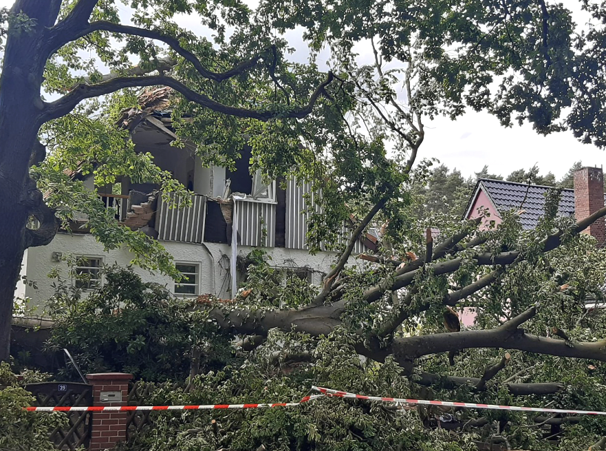 Ein verwüstetes Haus mit abgebrochenen Ästen davor