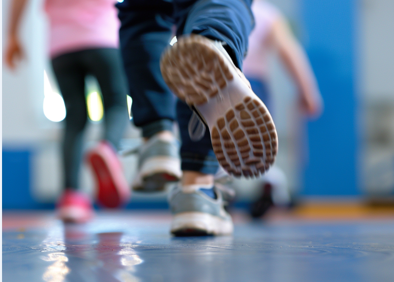 das mit KI erstellte Symbolbild zeigt einen Ausschnitt aus einer Sporthalle: Kinderfüße in Turnschuhen und -schläppchen rennen über den Boden