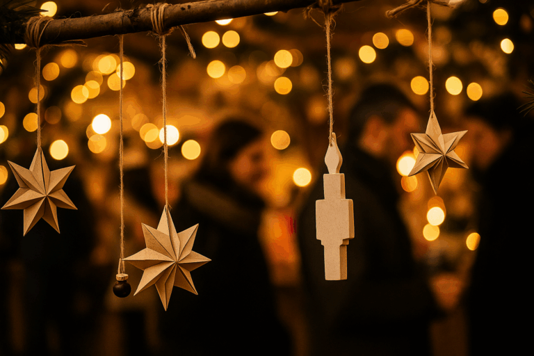 Symbolbild: Handgefertigte Weihnachtsdeko im Vordergrund, hinten golden-leuchtende Weihnachtsmarktstimmung mit undeutlich sichtbaren Personen