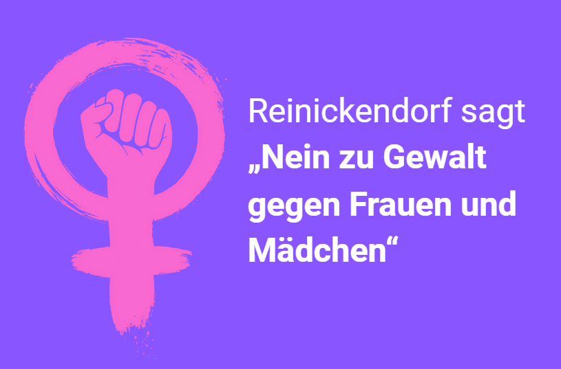 Symbol für das Engagement gegen Gewalt an Frauen, verbunden mit einem gleichlautenden Textelement.