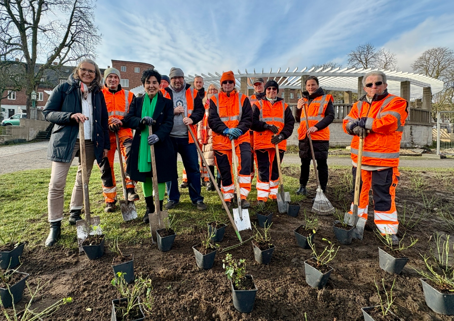 Eine Gruppe von Menschen mit Schaufeln auf einer Wiese: Viele tragen orangefarbene Werker-Kleidung