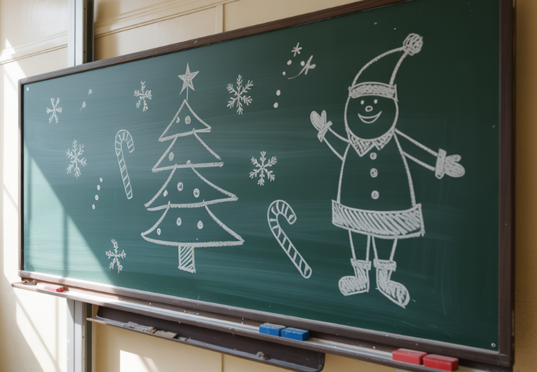 Eine klassische grüne Tafel mit Kreide-Zeichnungen, die Weihnachtsmotive darstellen, einen Weihnachtsmann und eine Tannenbaum etwa.