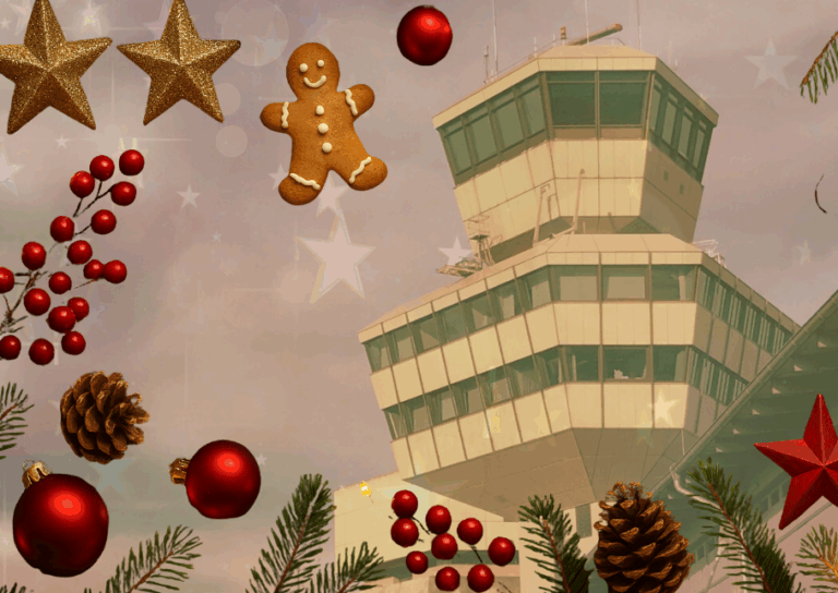 Der Tower des ehemaligen Flughafens Tegel inmitten einer Weihnachtsdeko-Collage