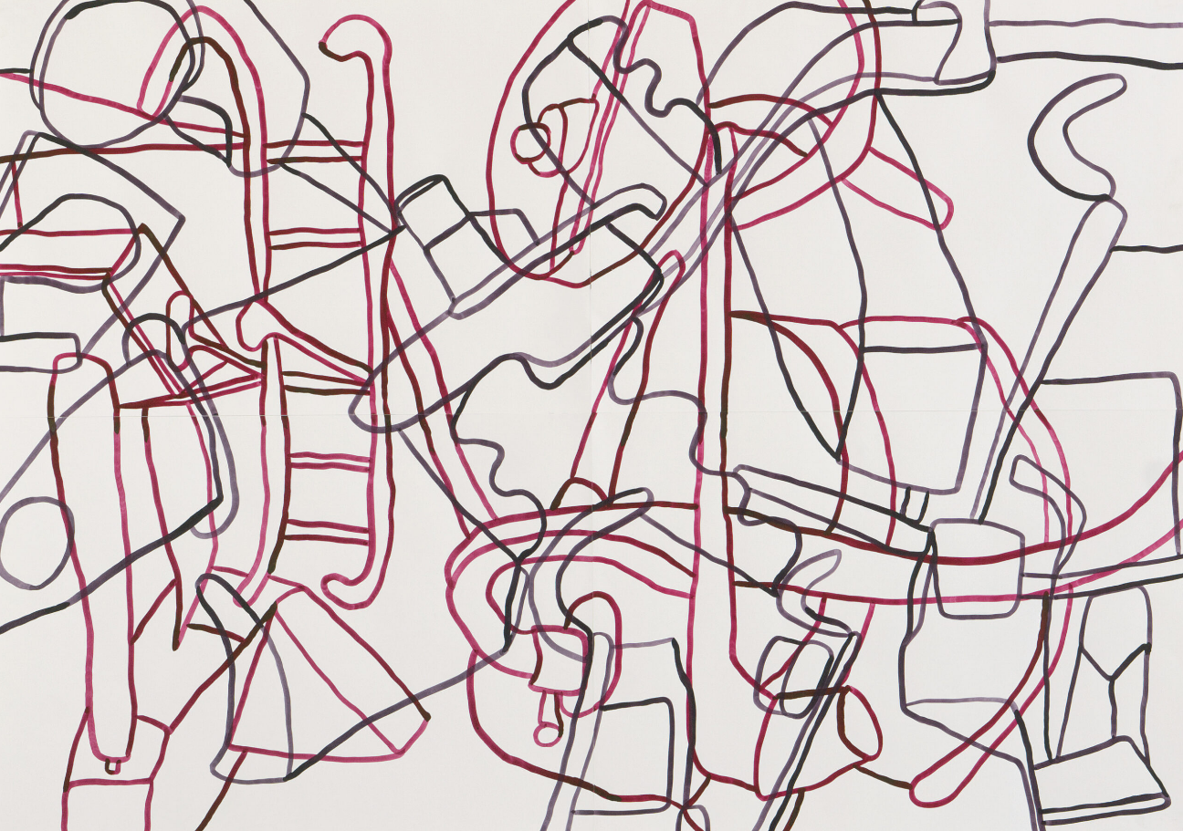 ein Kunstwerk, das stark ineinander verschlungene Linien in den Farben Schwarz, Blau-Lila und Magenta auf hellem Untergrund zeigt.