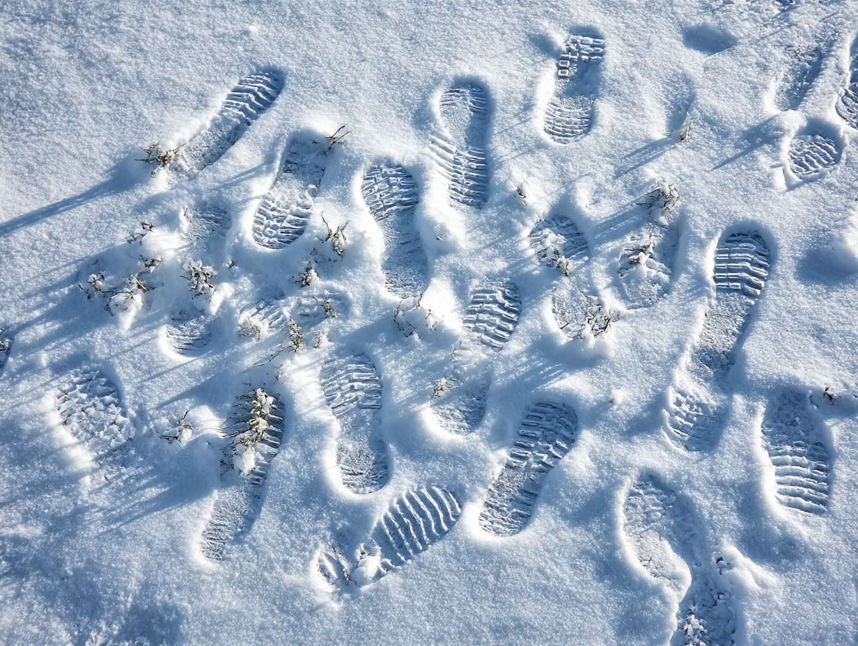 sehr viele Schuhspuren auf verschneiter Fläche, dicht an dicht