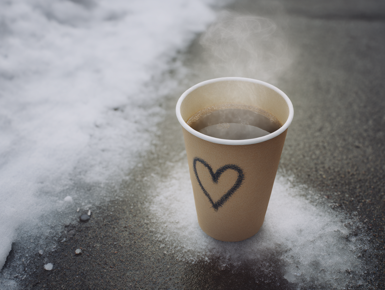 Ein Pappbecher mit dampendem Kaffee auf Asphaltboden, der teils mit Schnee bedeckt ist. Auf den Becher ist ein Herz gezeichnet.