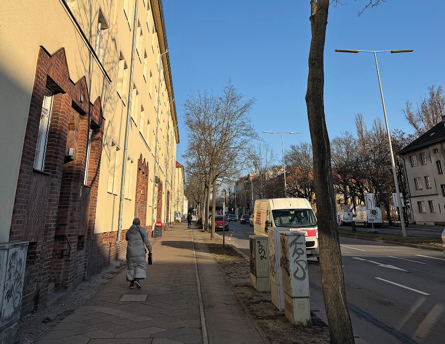 Eine Straße mit kleinen Bäumen neben dem Bürgersteig
