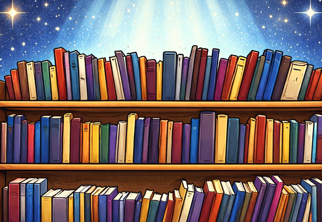 Buntes Comicbild zeigt ein Bücherregal mit bunten Büchern, von hinten angestrahlt durch einen Lichtkegel