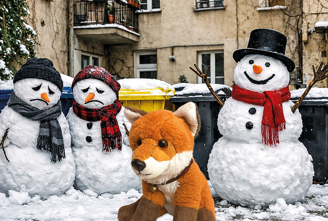 Traurige und glückliche Schneemänner mit Fuchs