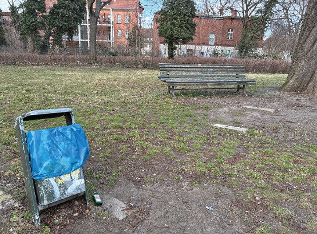 Wiese mit einer Bank und einem Mülleimer