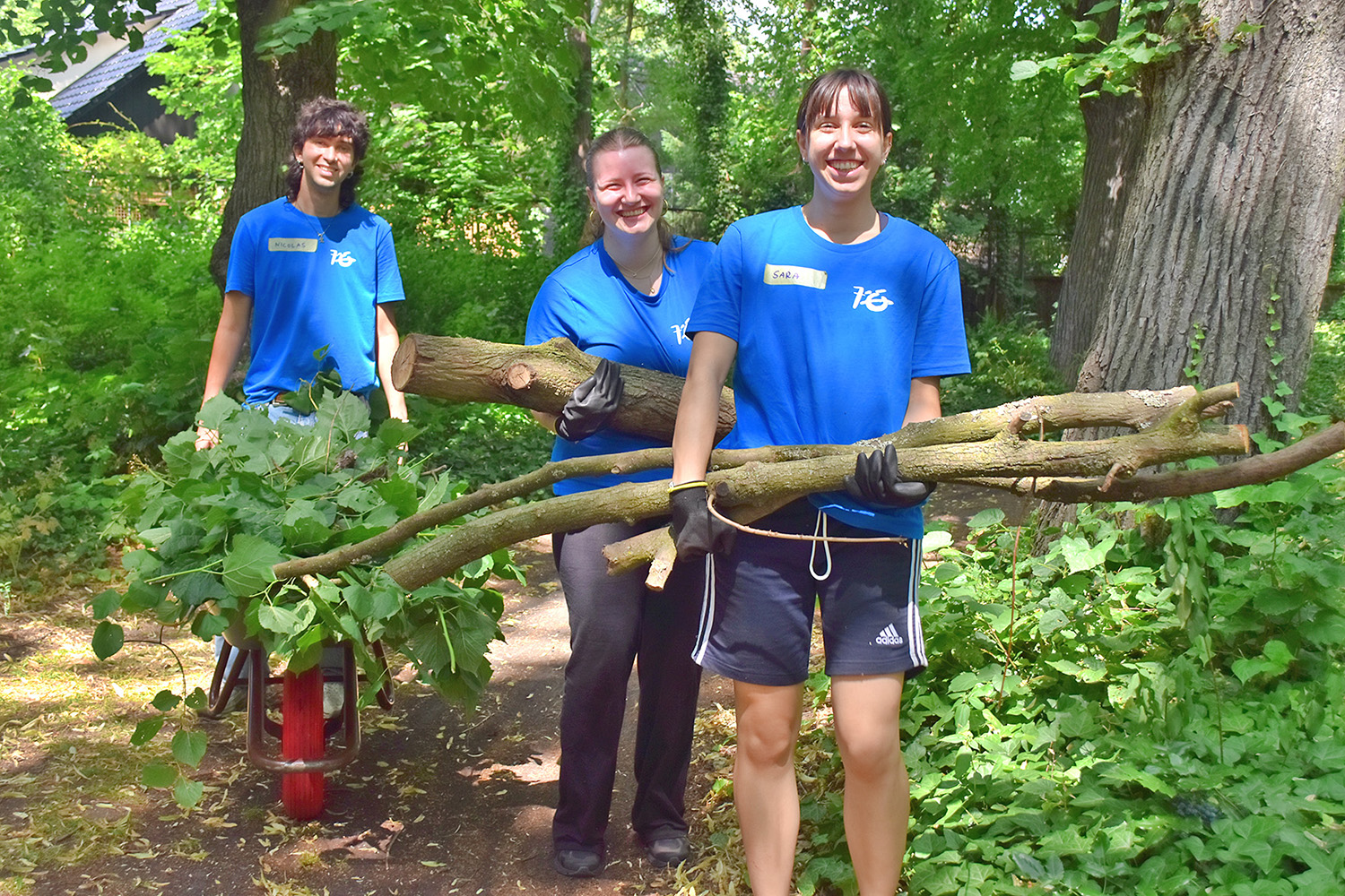 Junge Menschen helfen in einem Wald